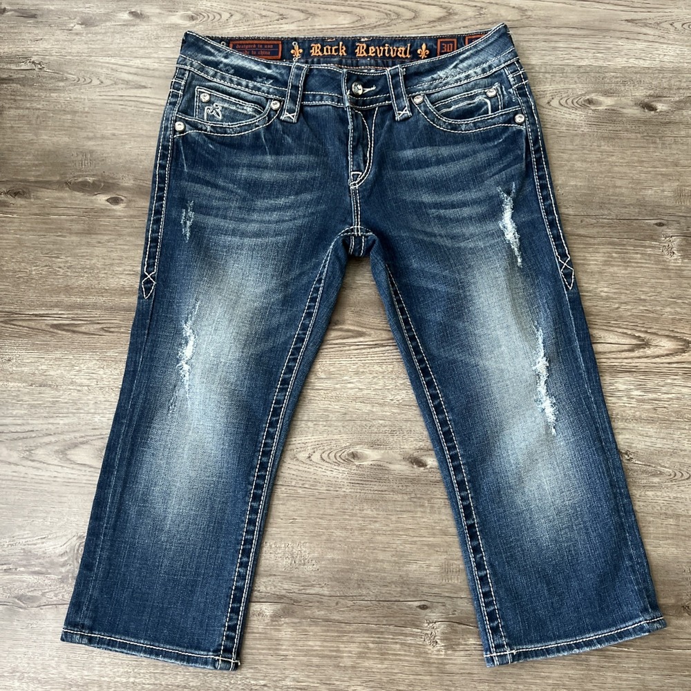 Rock Revival Noelle Capri Jeans Womens 30 Low Rise Cross Flap Pockets Y2K Style